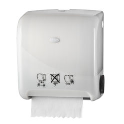 Handdoekautomaat, wit, met automatische papierdoorvoer.