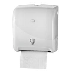 Handdoekautomaat, wit, met automatische papierdoorvoer.