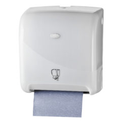 Handdoekautomaat, wit, met automatische papierdoorvoer.