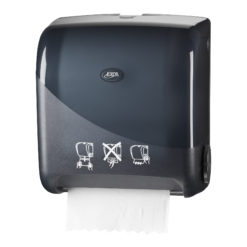 Handdoekautomaat, zwart, met automatische papierdoorvoer.