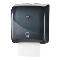 Handdoekautomaat, zwart, met automatische papierdoorvoer.